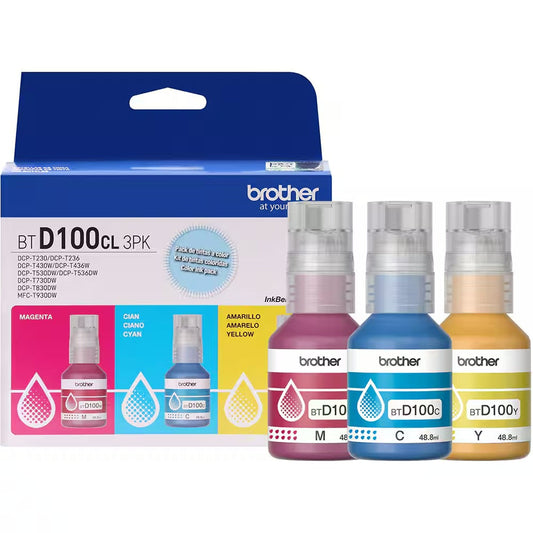 Pack Garrafas de Tinta Coloridas Brother BTD1003PK (1 Ciano, 1 Magenta e 1 Amarela)