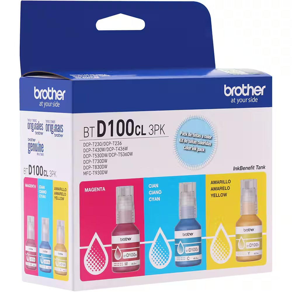 Pack Garrafas de Tinta Coloridas Brother BTD1003PK (1 Ciano, 1 Magenta e 1 Amarela)