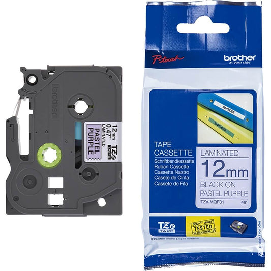 Fita Brother TZE-MQF31 12mm Preto sobre Roxo Pastel - Impressorajato
