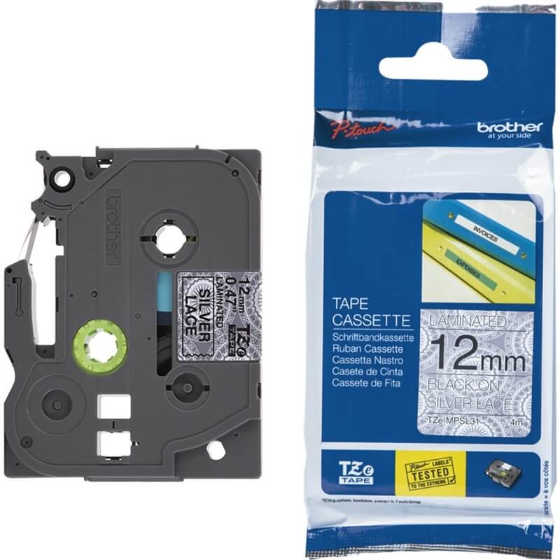 Fita Brother TZE-MPSL31 12mm Preto sobre Prata Renda - Impressorajato