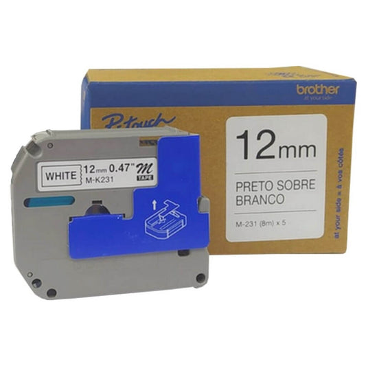 Fita Rotuladora Brother M231M5 Original 12 mm 8 Metros Preto no Branco - Kit C/5 Fitas - Impressorajato