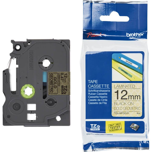 Fita Brother TZE-MPGG31 12mm Preto sobre Ouro Geométrico - Impressorajato
