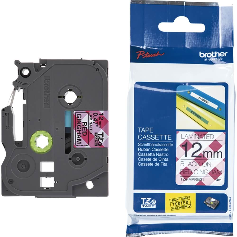 Fita Brother TZE-MPRG31 12mm Preto sobre Vermelho Xadrez - Impressorajato
