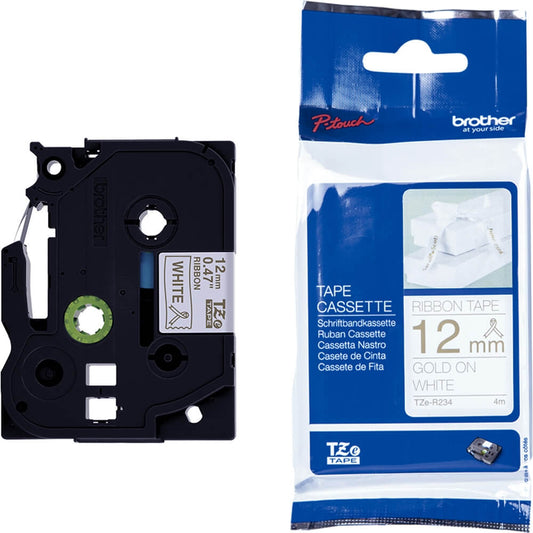 Fita Brother TZE-R234 12mm Ouro sobre Cetim Branco - Impressorajato