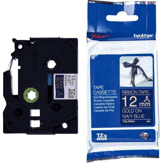 Fita Brother TZE-RN34 12mm Ouro sobre Cetim Azul Marinho - Impressorajato