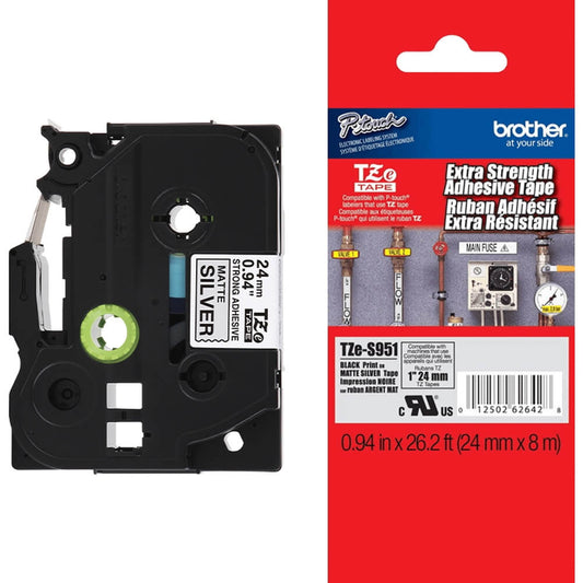 Fita Brother TZE-S951 24mm Preto sobre Prata Fosco Industrial - Impressorajato