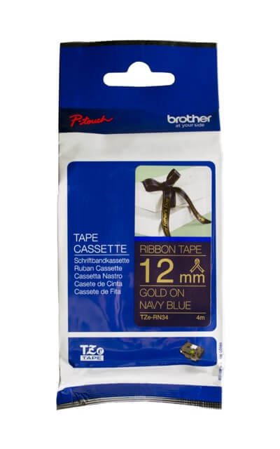 Fita Brother TZE-RN34 12mm Ouro sobre Cetim Azul Marinho - Impressorajato