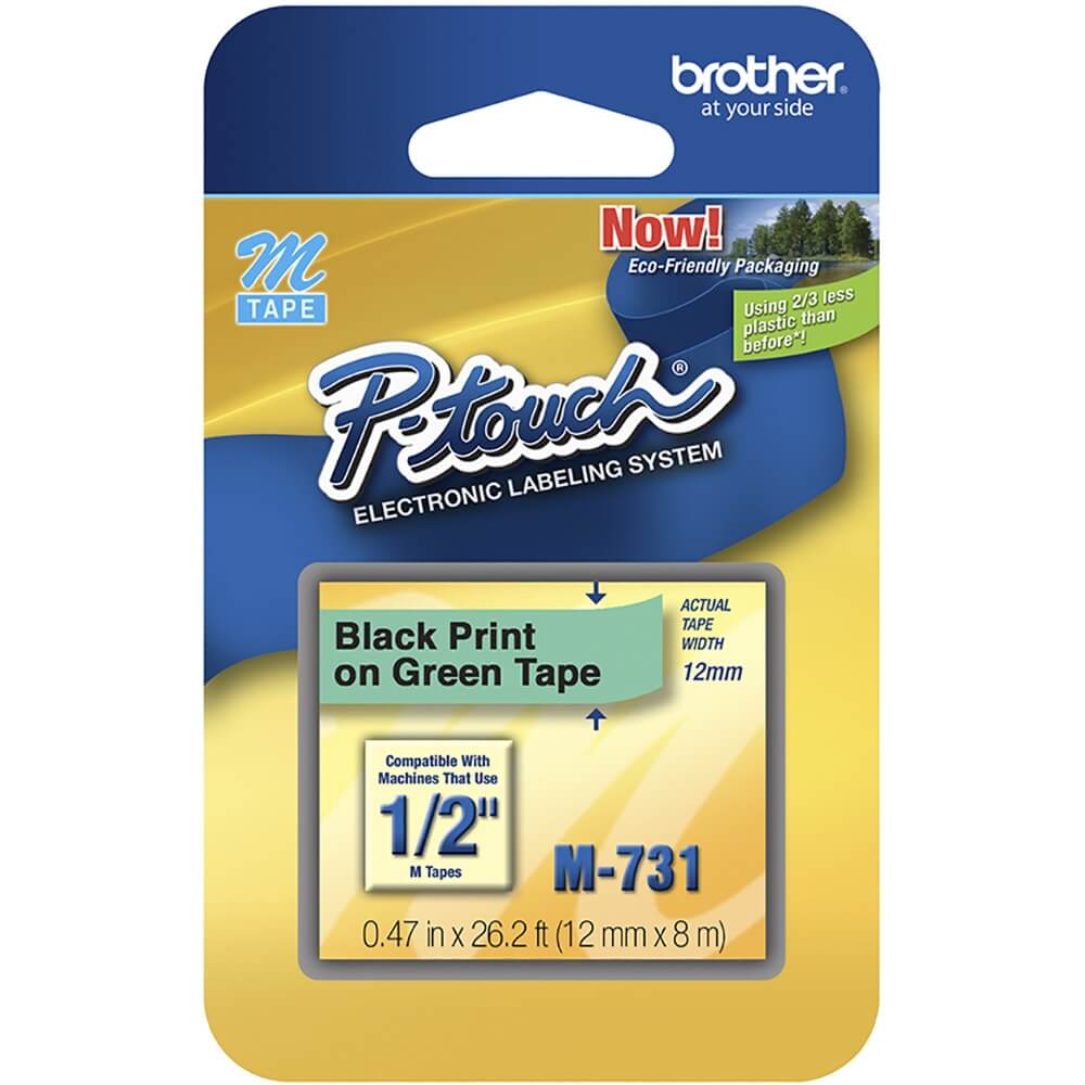 Fita Brother M-731 12mm Preto/Verde Original - Impressorajato